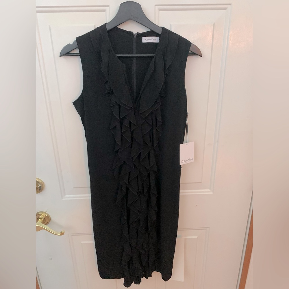 NWT Calvin Klein Black Dress - Size 6 - Sleeveless With Ruffles Down Middle